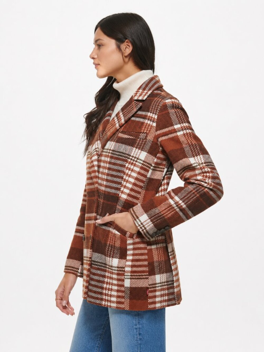 Levi's Double Breasted Wool Blend Blazer L Brown Plaid Heavy Knit Fall Autumn - Picture 7 of 9